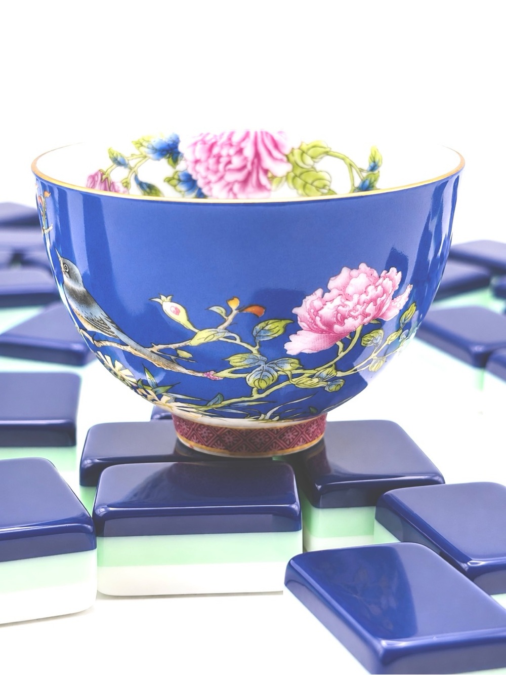 Mahjong Tiles Chinoiserie Vintage porcelain style Dice Dish Sparrow yellow